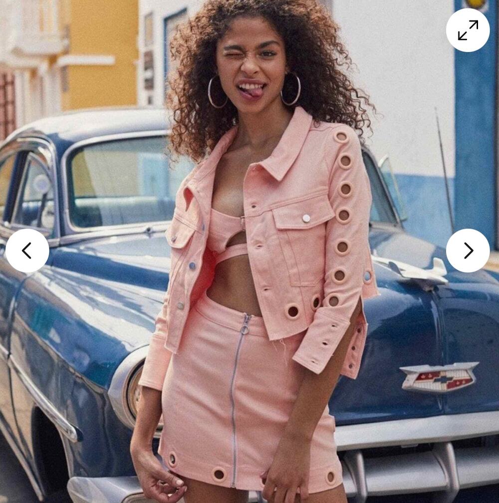FOR LOVE AND LEMONS Creme Puff Grommet Denim Jacket Peachy Pink Sz XS $295 {BB6}